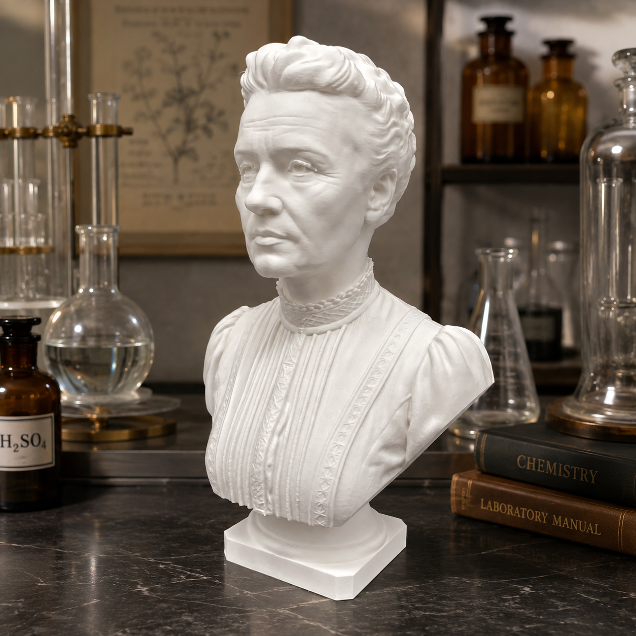 Marie Curie Büste – Hauptansicht der 3D-gedruckten Skulptur