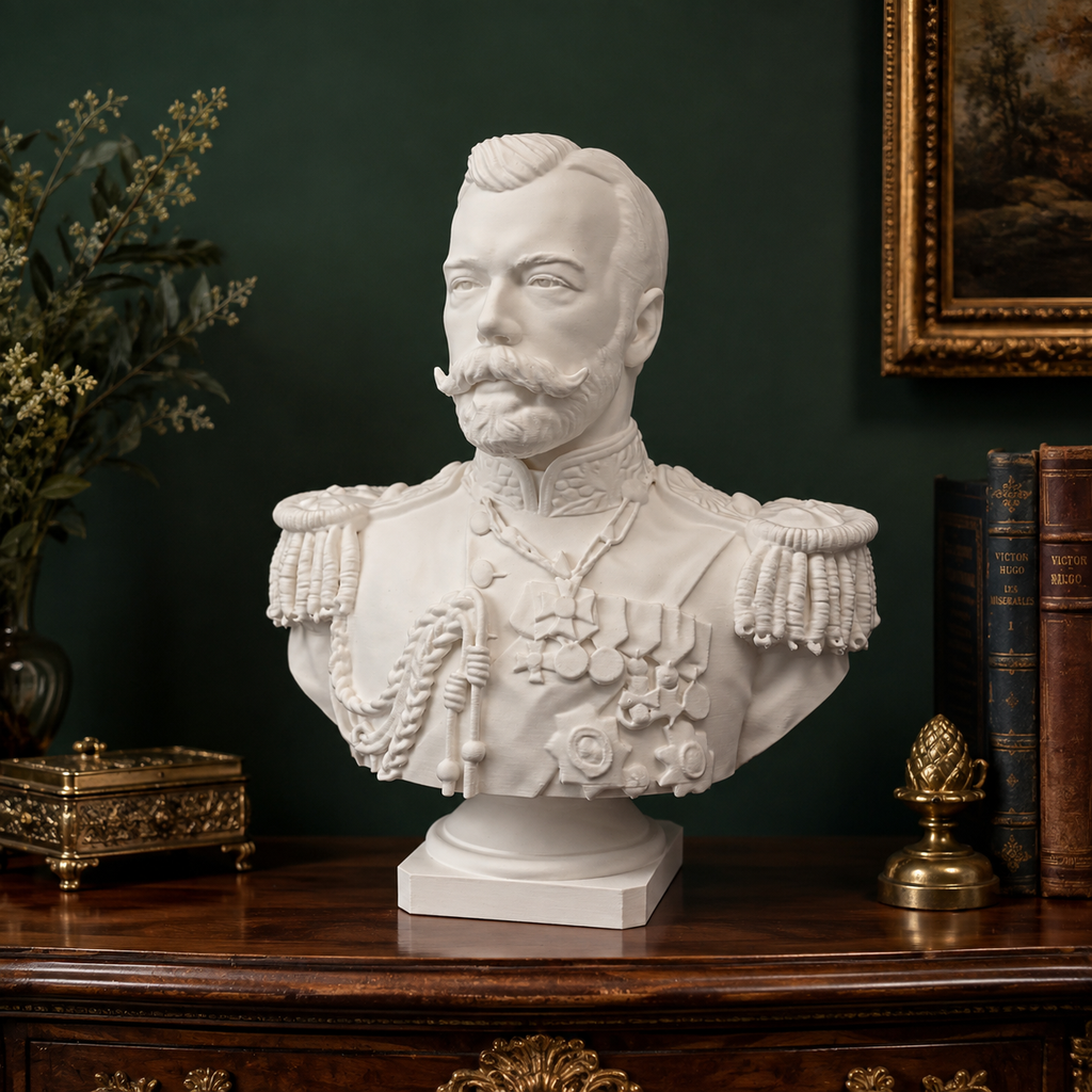 Zar Nikolaus II Büste – weiße 3D-gedruckte Romanov Skulptur