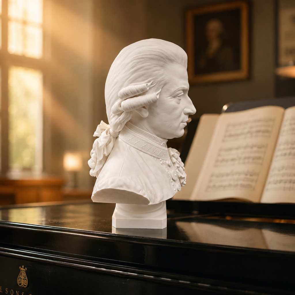 Weiße Büste von Wolfgang Amadeus Mozart als dekorative Komponisten-Skulptur