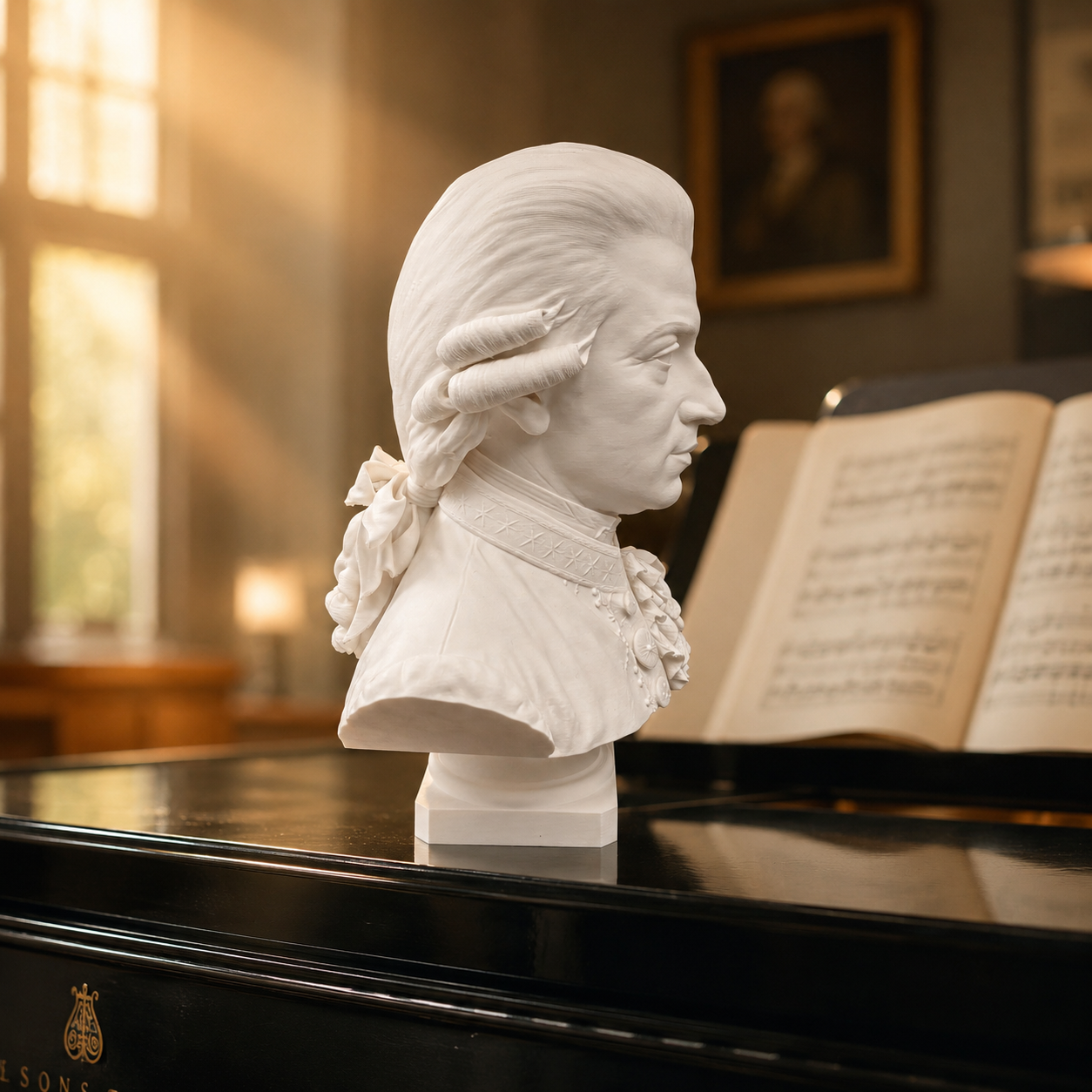 Weiße Büste von Wolfgang Amadeus Mozart als dekorative Komponisten-Skulptur
